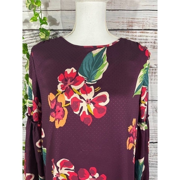 Ann Taylor Loft Tunic Dress Small Burgundy Green Floral Tropical Wedding Church - Picture 3 of 9